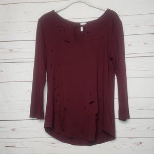 Color Swatch Burgundy Shredded Long Sleeve Tee